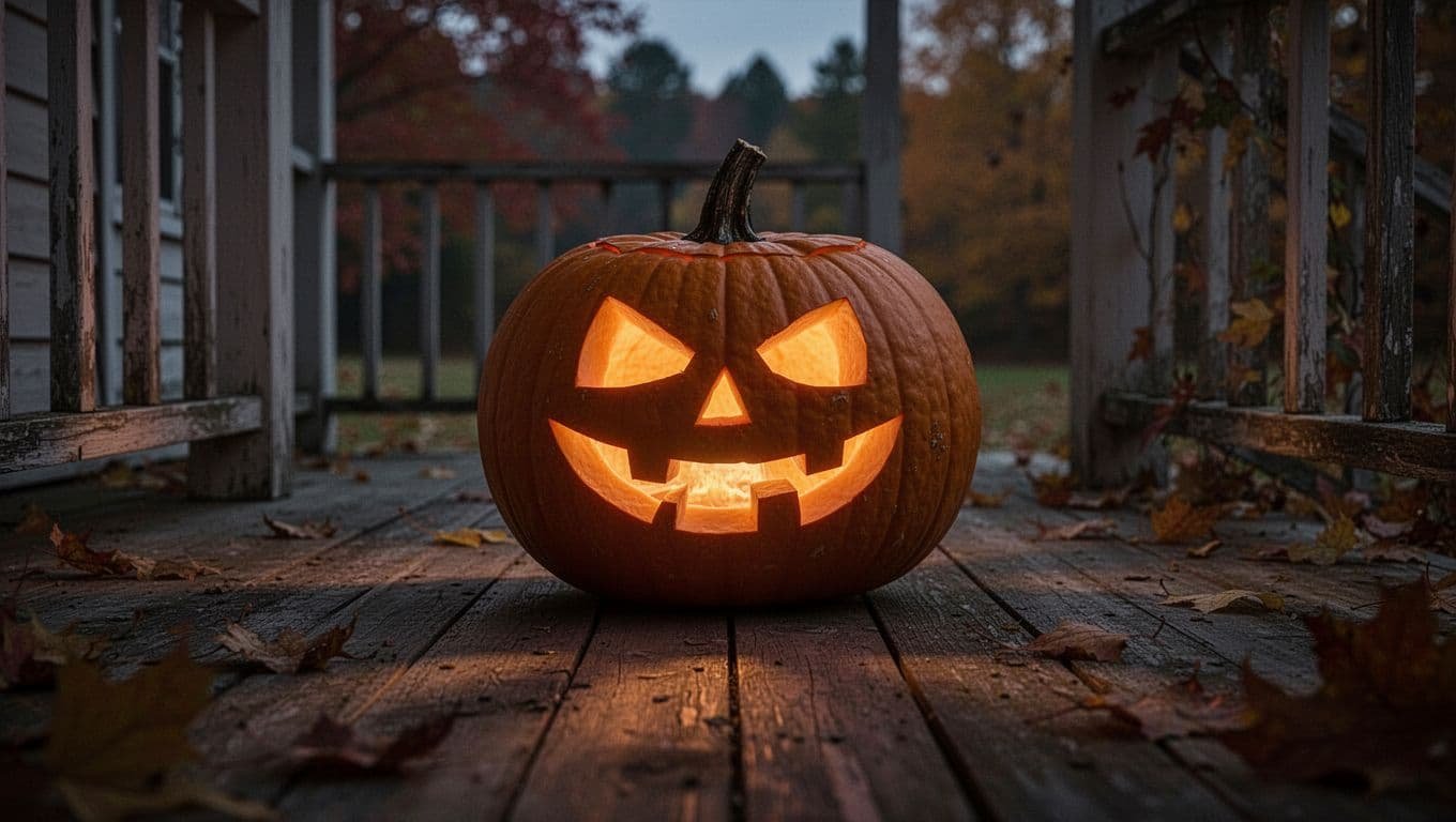 A glowing carved pumpkin sits on a rustic porch at dusk.