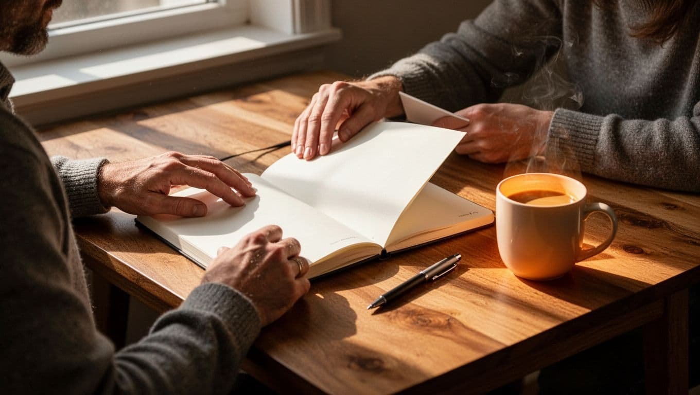 An open notebook, pen, and coffee mug sit on a tidy wooden desk.