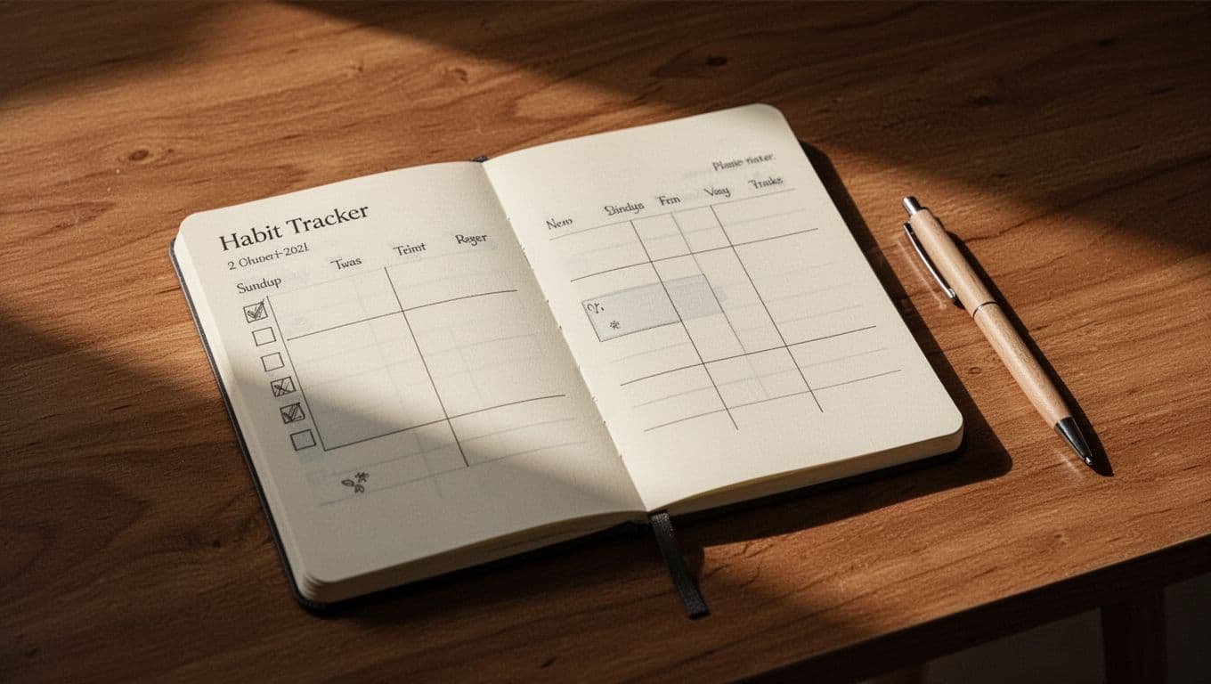 An open notebook and pen on a wooden table in warm light.