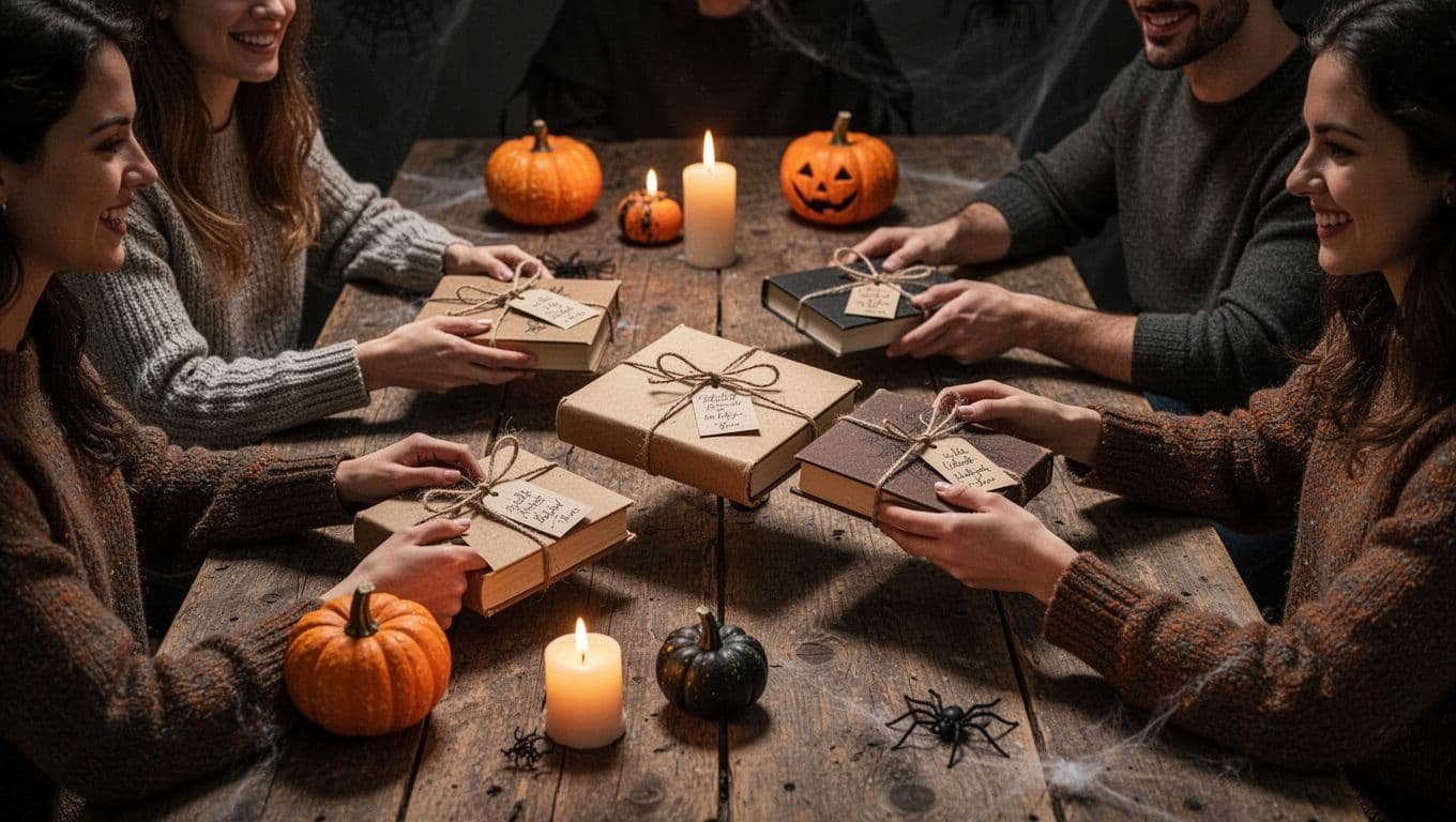 Four friends gather around wrapped books at a candlelit table with pumpkins behind them.