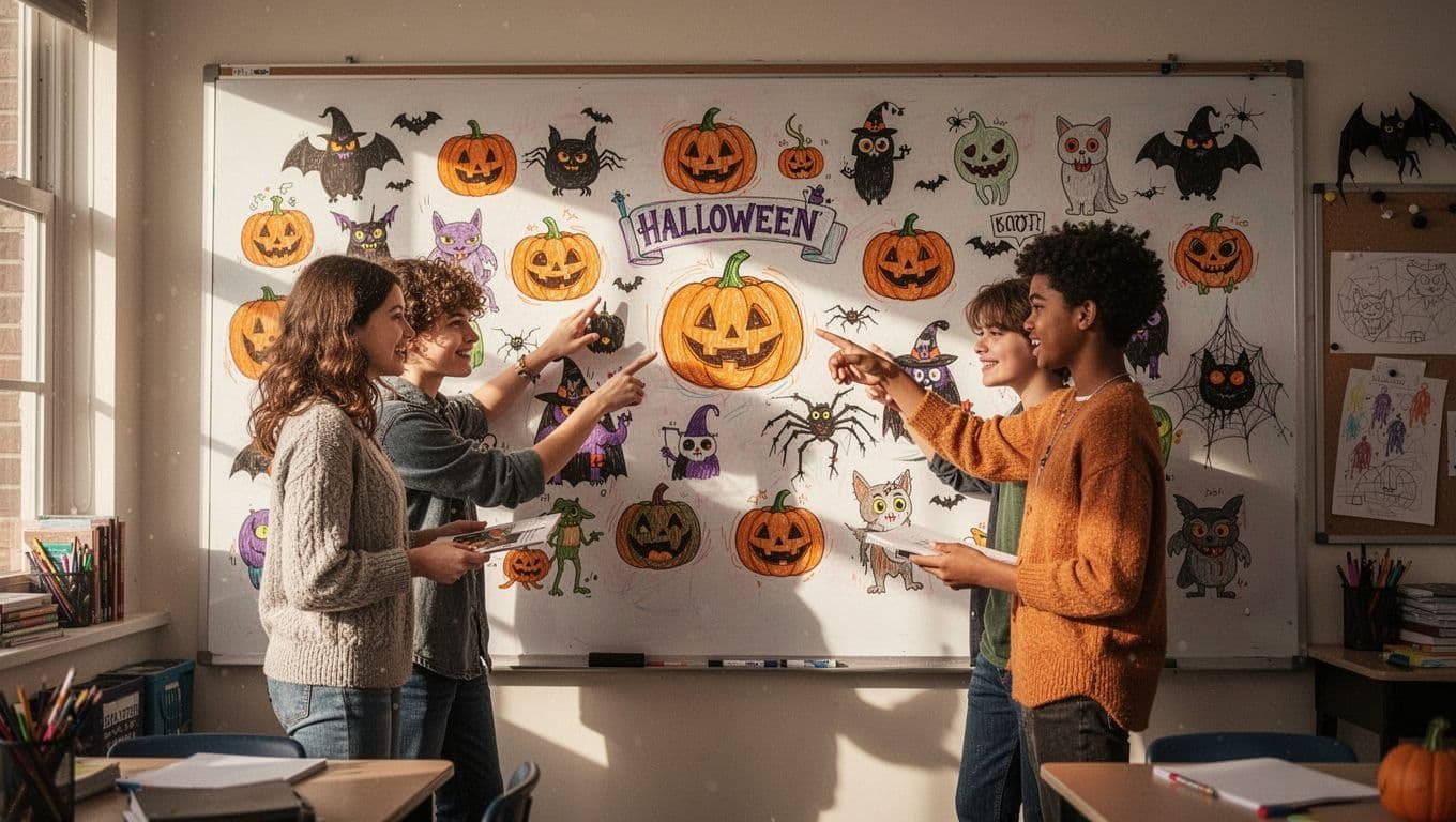 Three students collaborate around a whiteboard covered with Halloween drawings in a bright classroom.