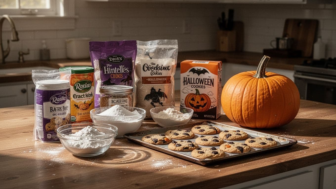 Halloween cookie ingredients and a small pumpkin on a warmly lit kitchen counter.