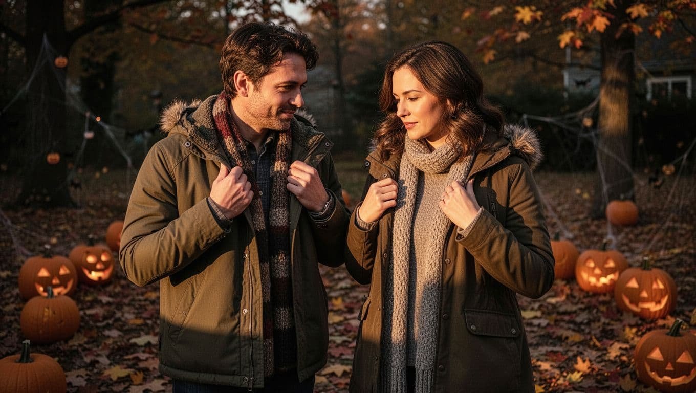 Two people adjust warm jackets for an outdoor Halloween event.