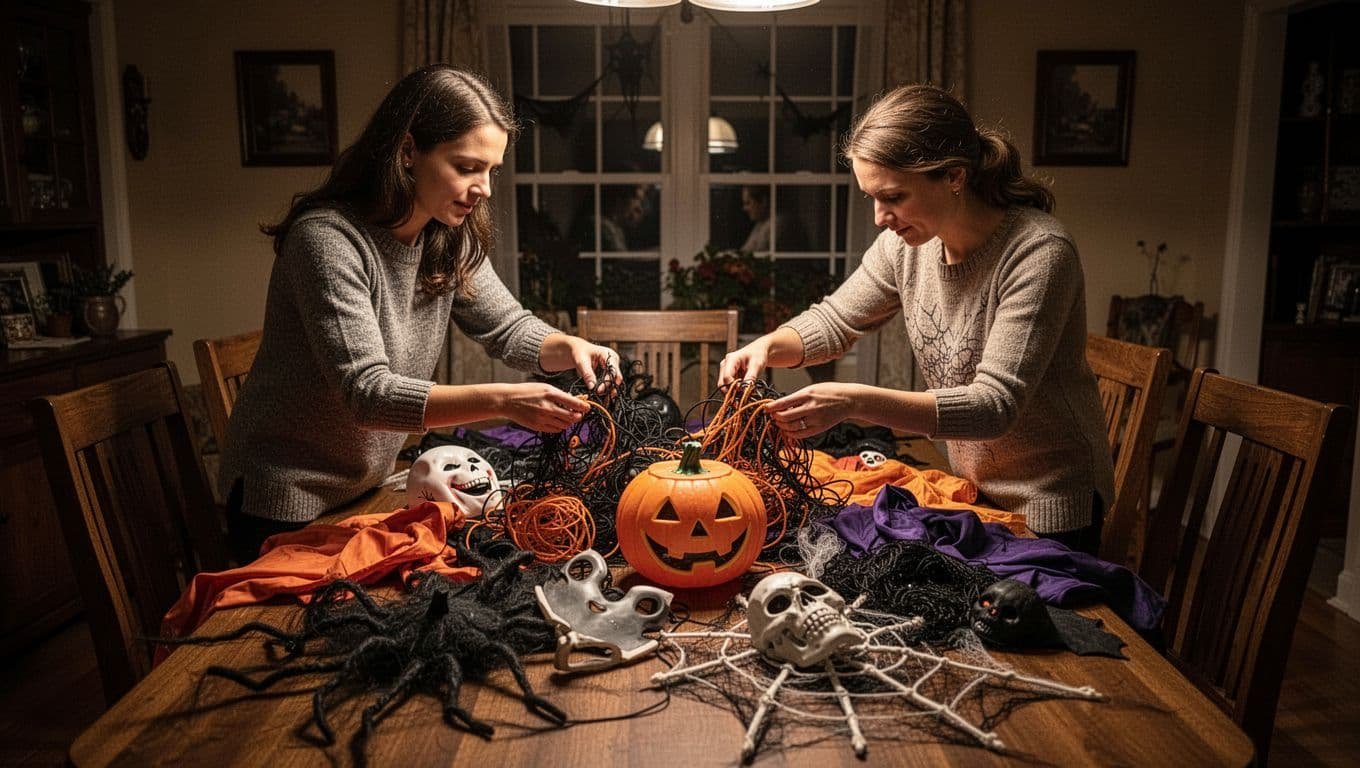 A couple sorts Halloween props and clothes on a messy dining table.