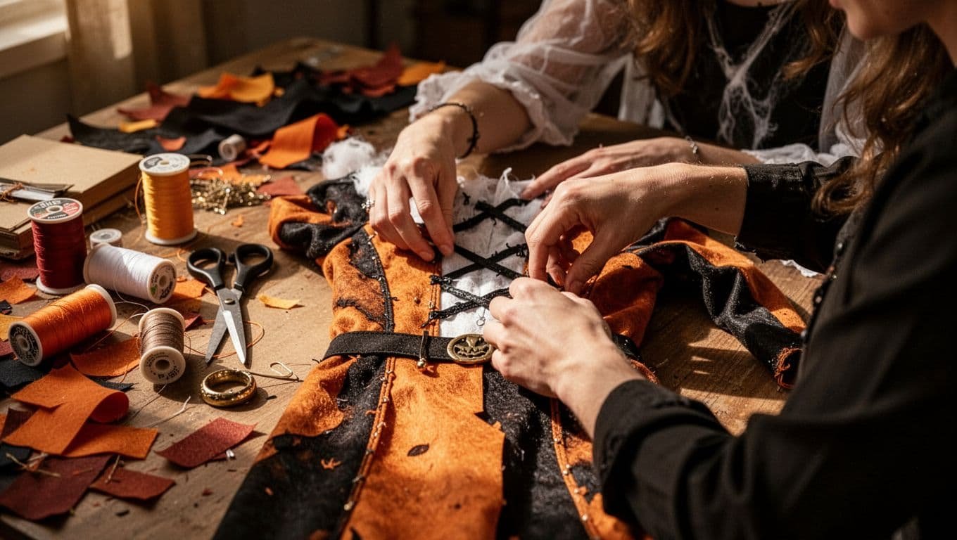 A person repairs a homemade Halloween costume at a cluttered craft desk.