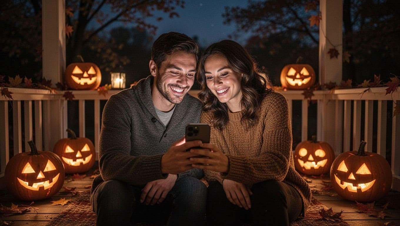 A smiling couple shares a smartphone with glowing pumpkins behind them.