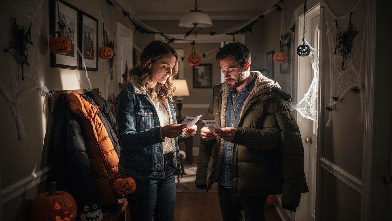A couple checks tickets and packs warm clothes in a cozy hallway.