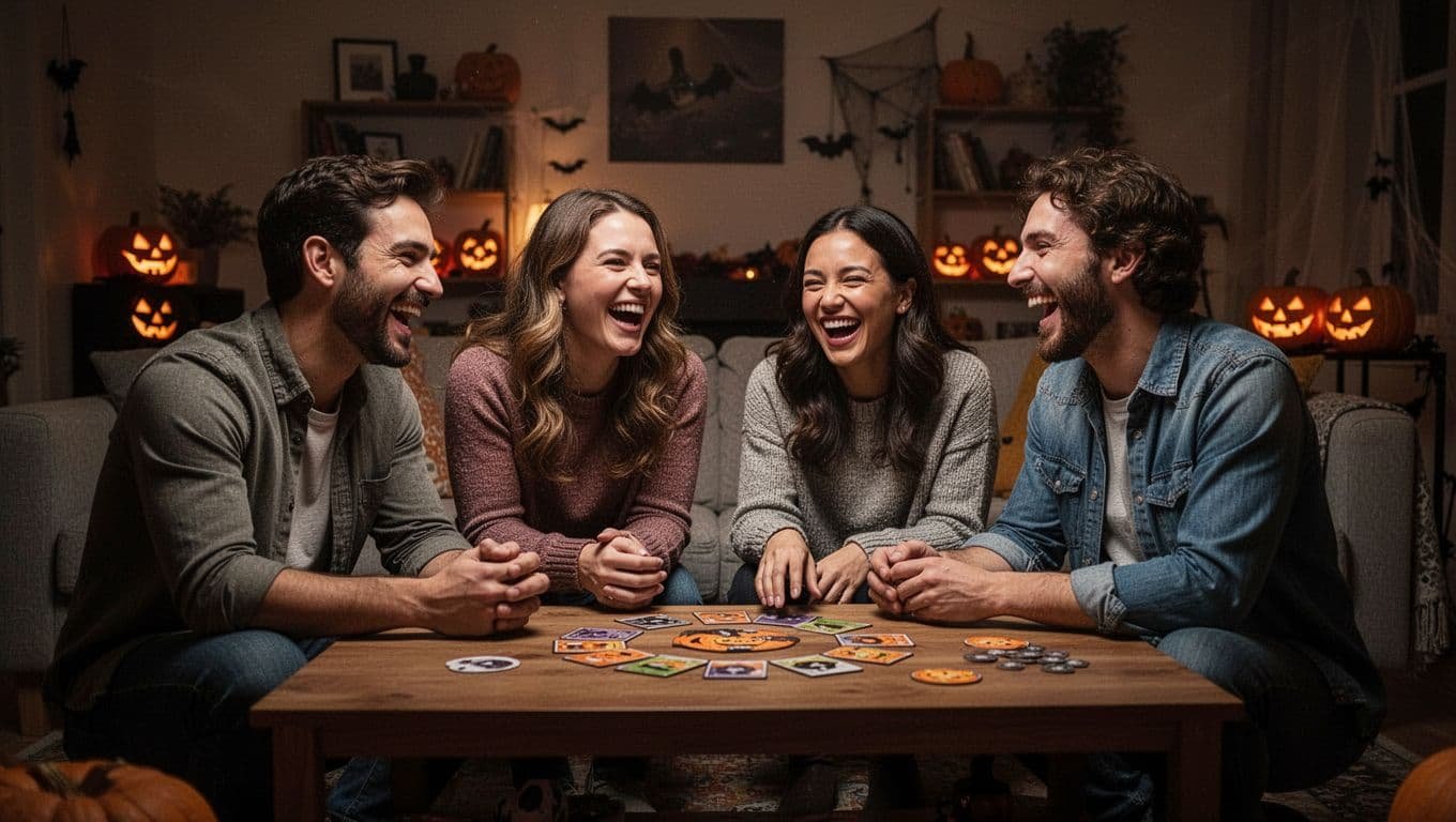 Four friends laugh around a table during a dimly lit Halloween party.