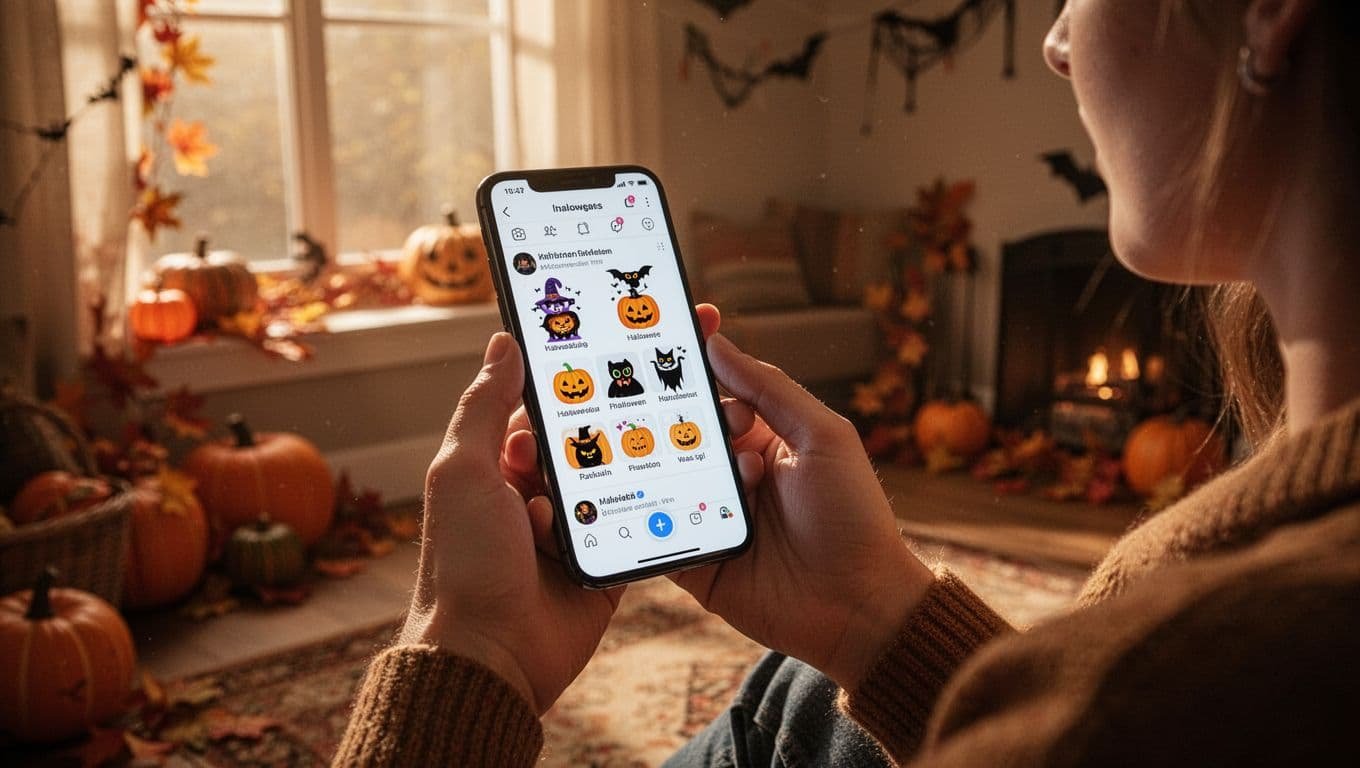 A person holds a smartphone showing a Halloween-themed social media screen.