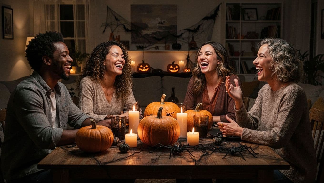 Four adults talking around a candlelit table with pumpkins at a Halloween party.