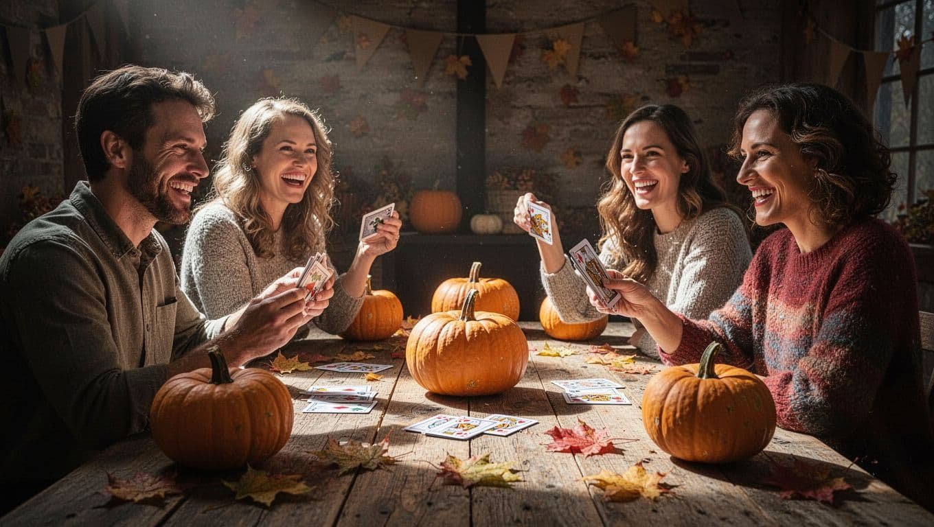Four adults play a party game around a pumpkin-decorated table.