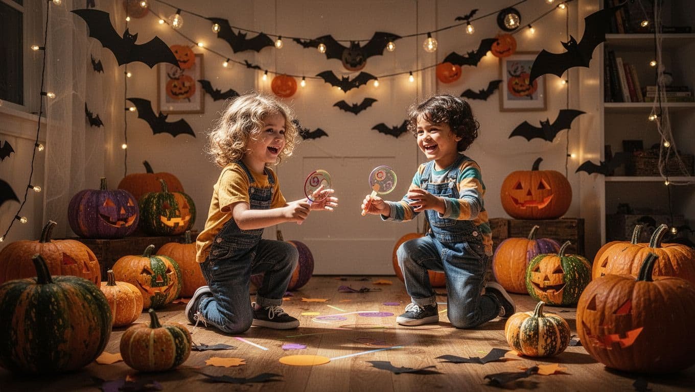 Four children play a Halloween game indoors among colorful decorations.