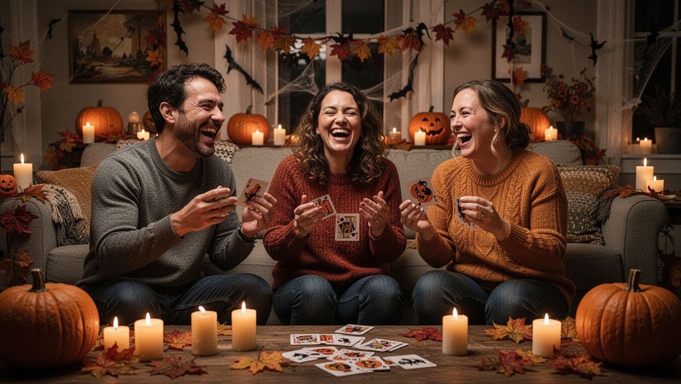 Three adults laughing while playing a Halloween game in a decorated living room.