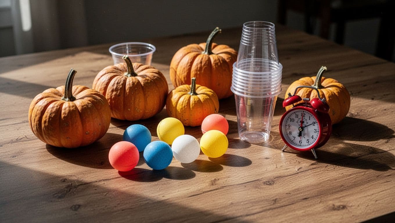 Halloween game supplies with pumpkins, ping-pong balls, cups, and a timer on a wooden table.