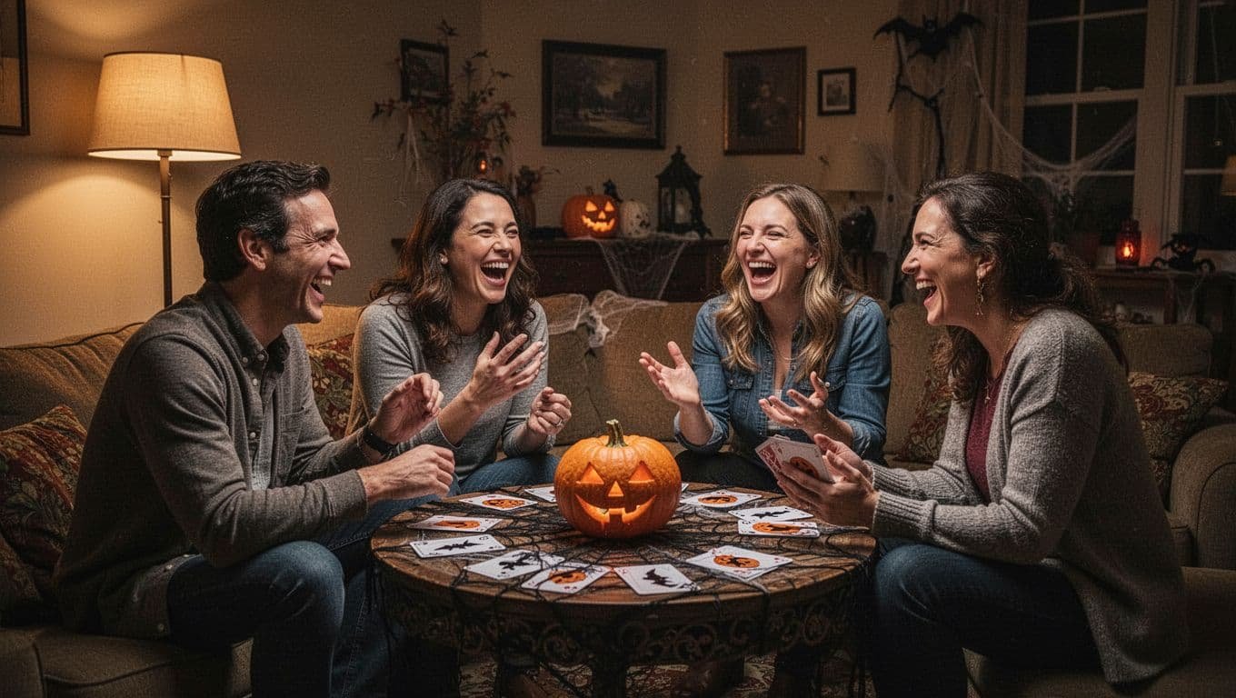 Four adults laughing while playing a Halloween game in a warmly lit living room.