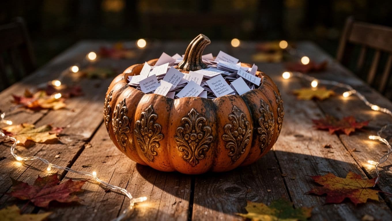 A pumpkin bowl filled with paper slips on a table with leaves and warm fairy lights.