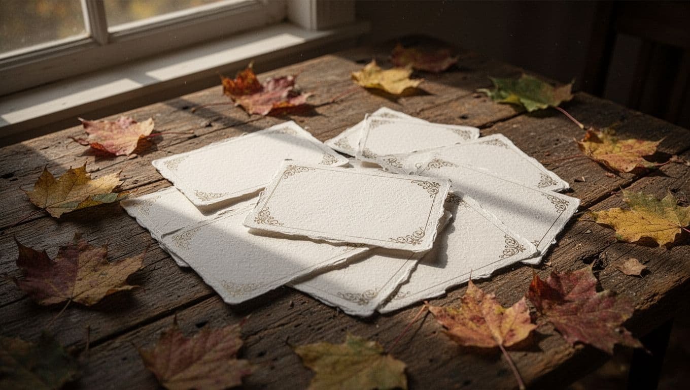 Blank cardstock cards and autumn leaves on a rustic wooden table.