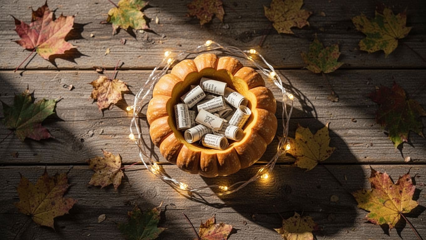 A carved pumpkin bowl filled with paper slips on a rustic table with lights and autumn leaves.