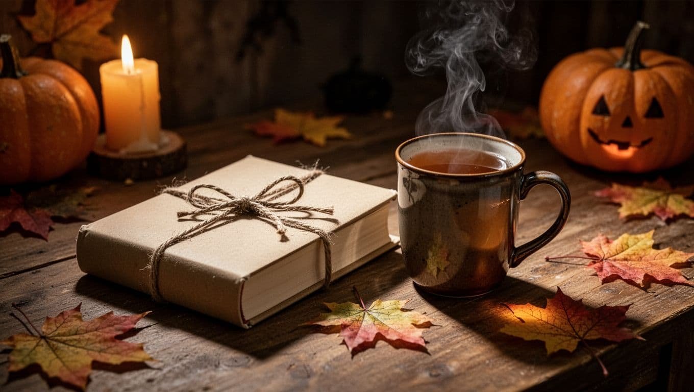 A wrapped book, tea mug, and glowing candle create a cozy Halloween reading nook.