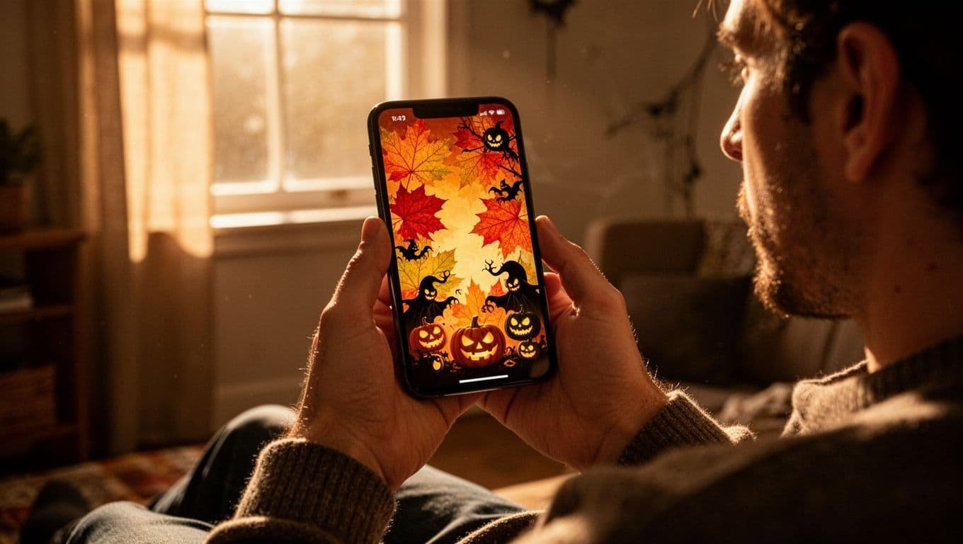 Person holding a phone with autumn and Halloween social media posts.