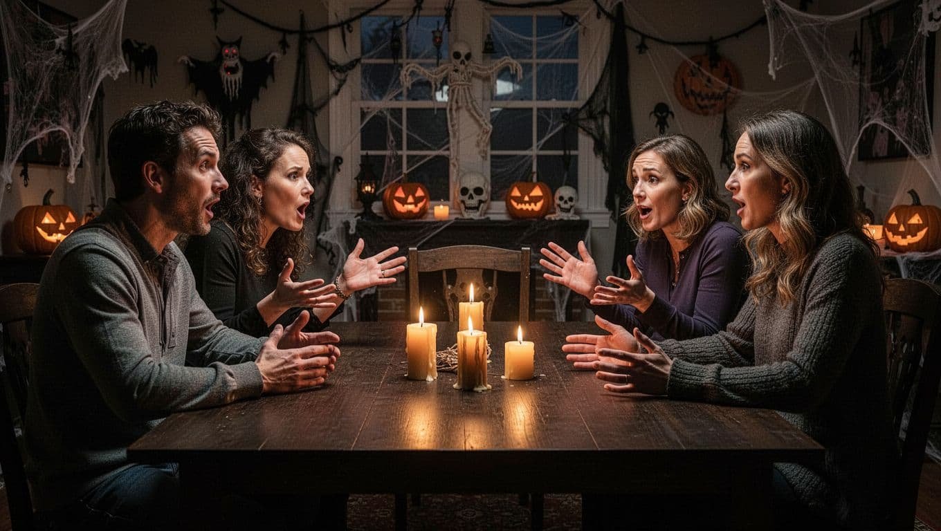 Four adults play a spooky storytelling game around a candlelit wooden table.