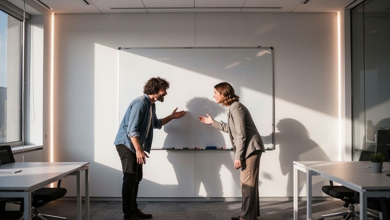 Adults gather around a whiteboard with playful Halloween prompts in a bright room.