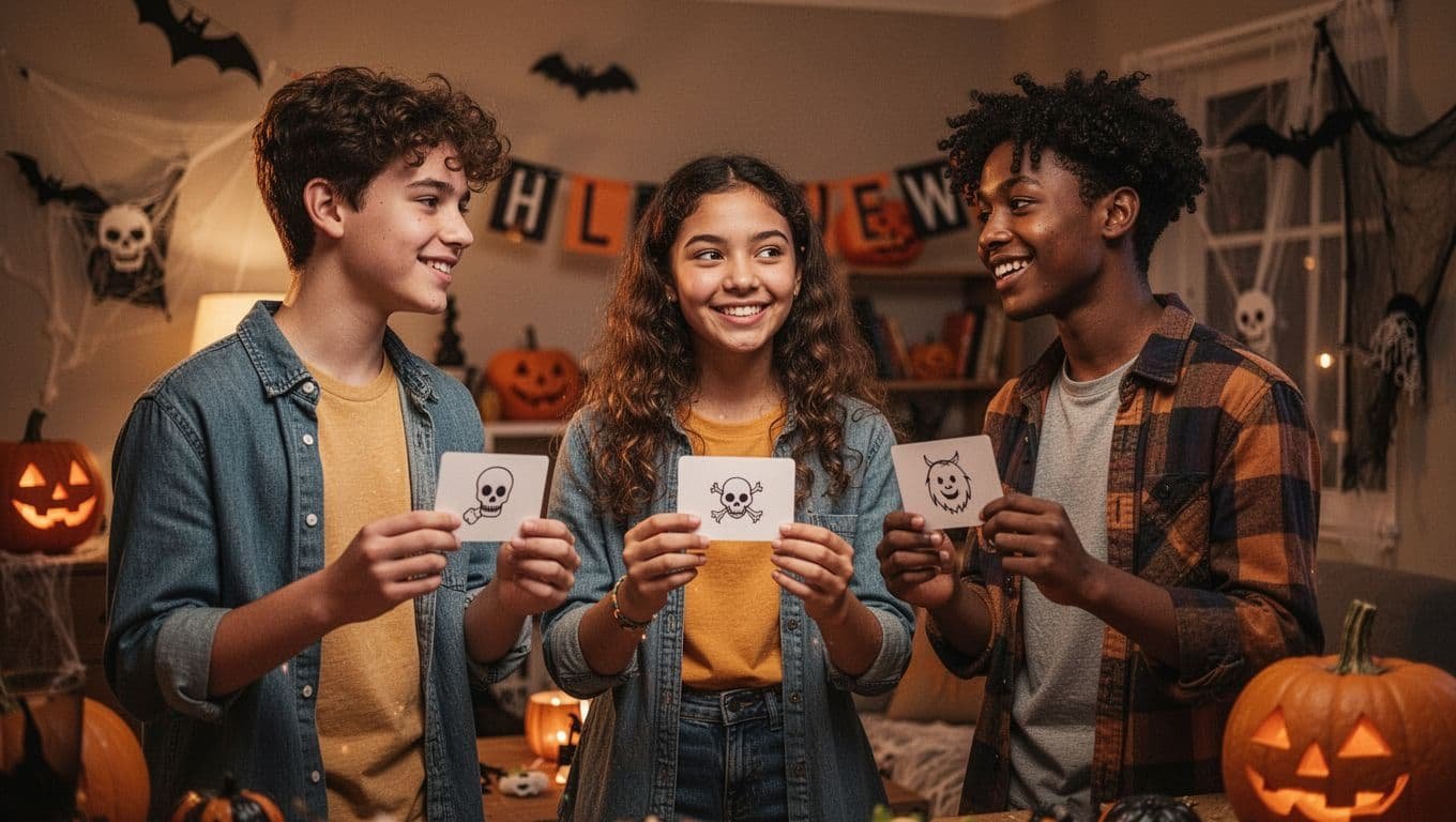 Three teenagers hold game cards while chatting at a warmly lit Halloween party.