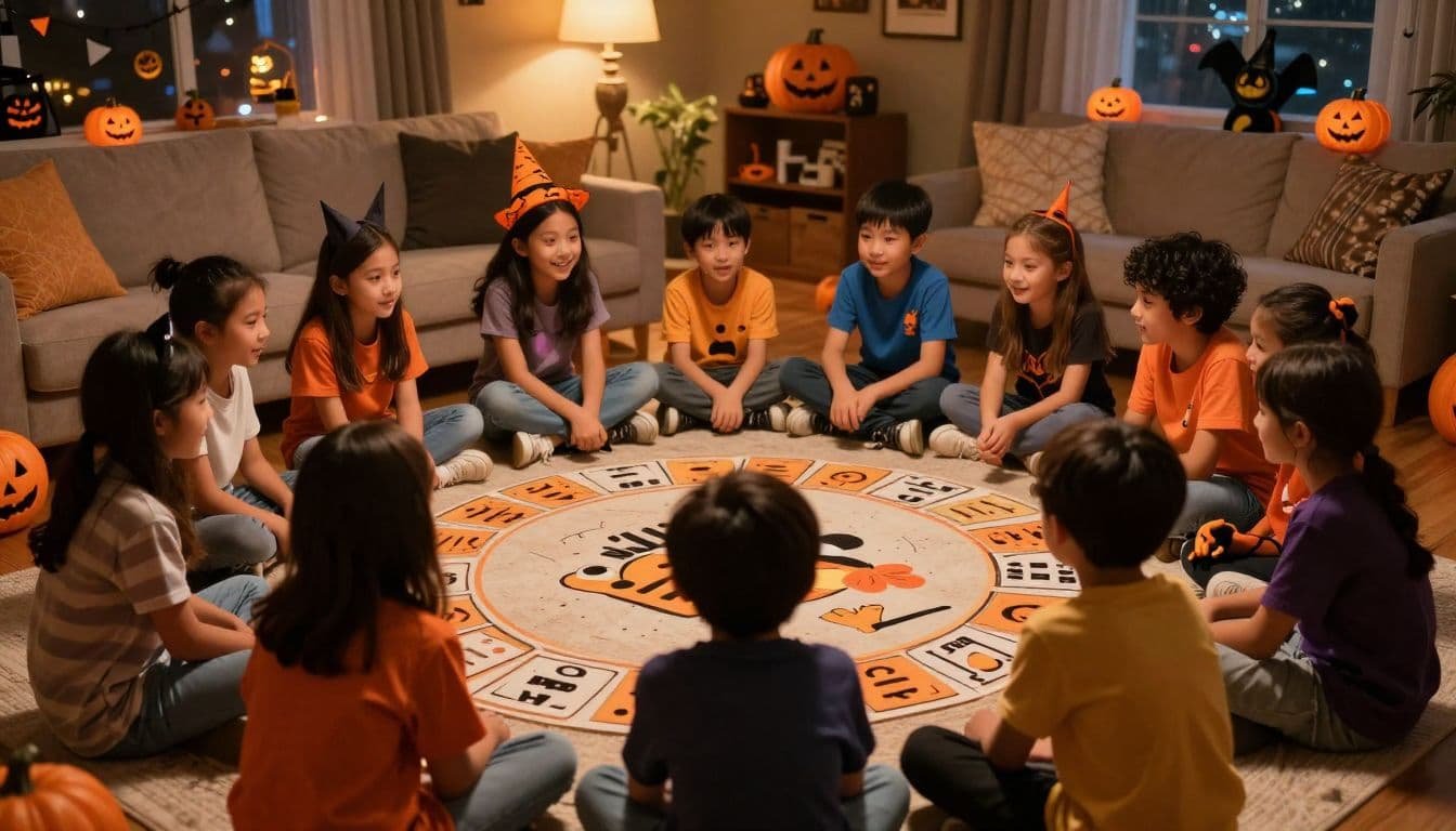 Children play a trivia game in a circle in a Halloween-decorated living room.