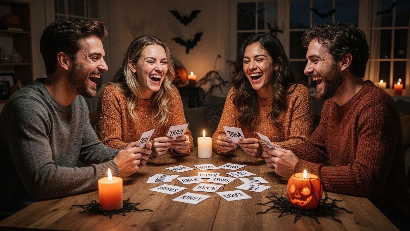 Four friends play Halloween trivia around a candlelit wooden table.