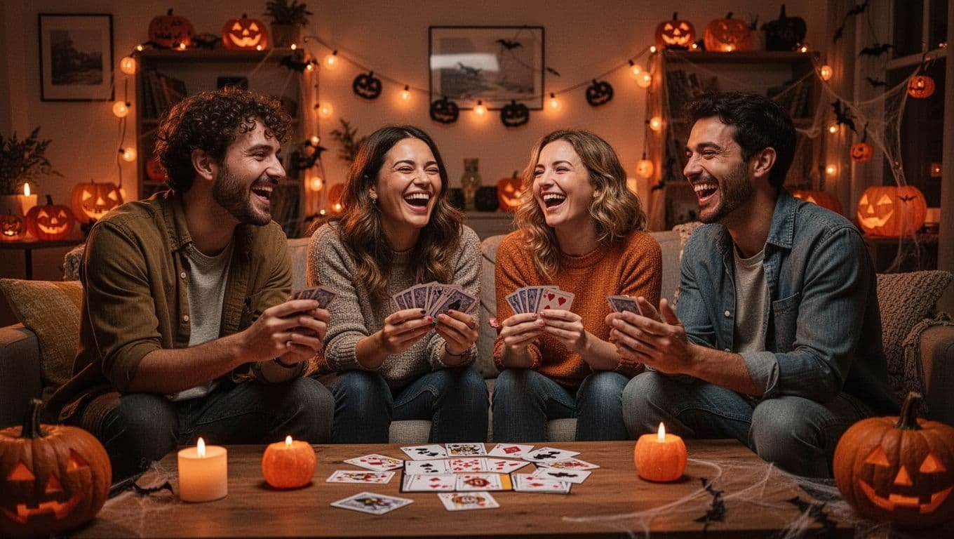 Four friends laugh while playing trivia in a Halloween-lit living room.