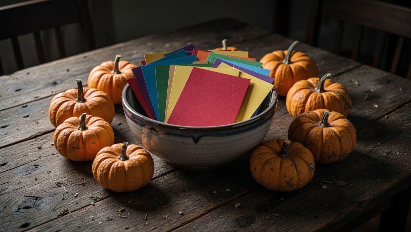 A bowl of colorful cards sits among pumpkins on a rustic wooden table.
