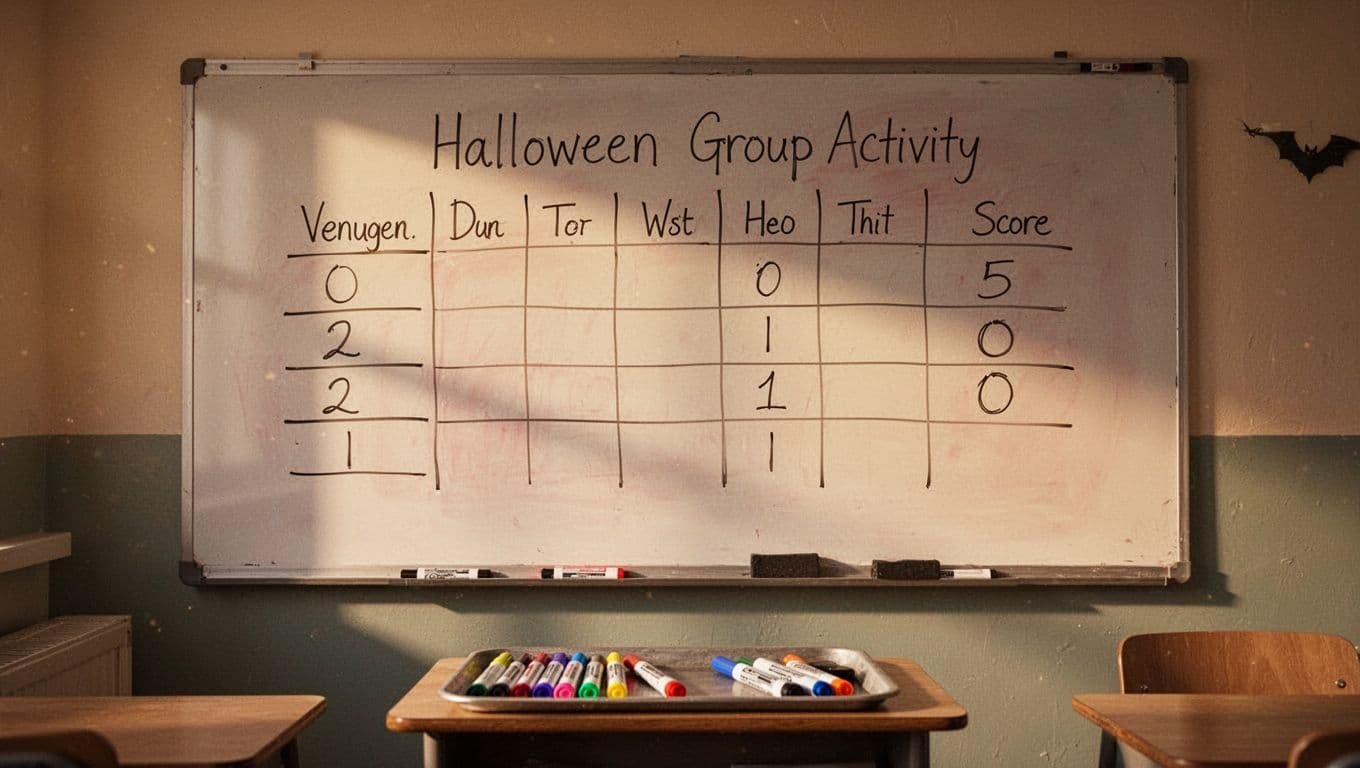 A classroom whiteboard with Halloween game columns, score marks, and markers on the tray.