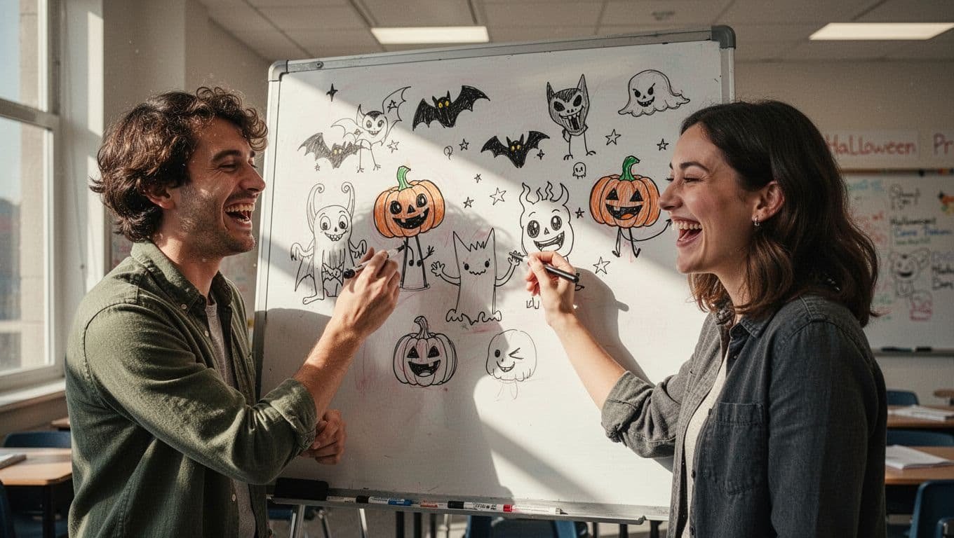 Three people laugh and write Halloween doodles on a whiteboard.