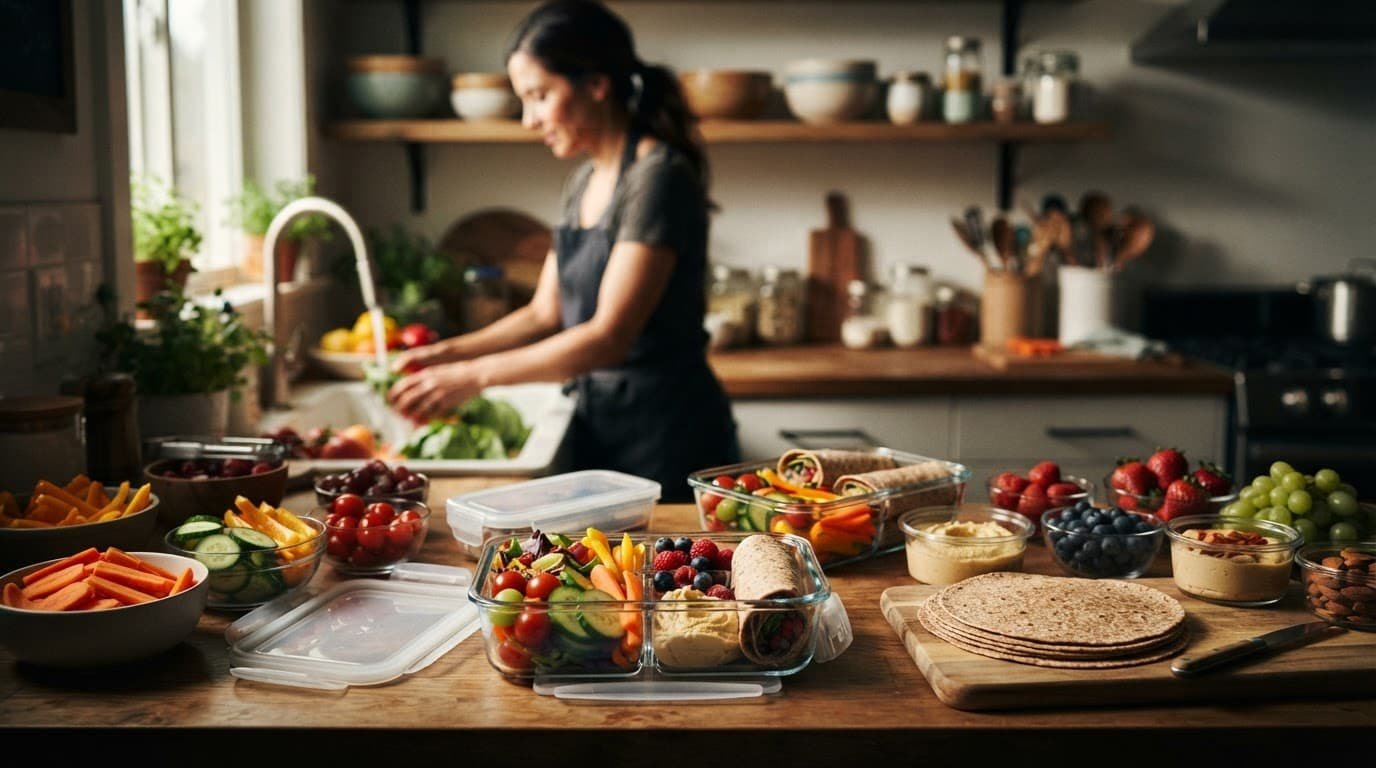 Meal containers and fresh vegetables arranged on a kitchen counter with one person in the background.