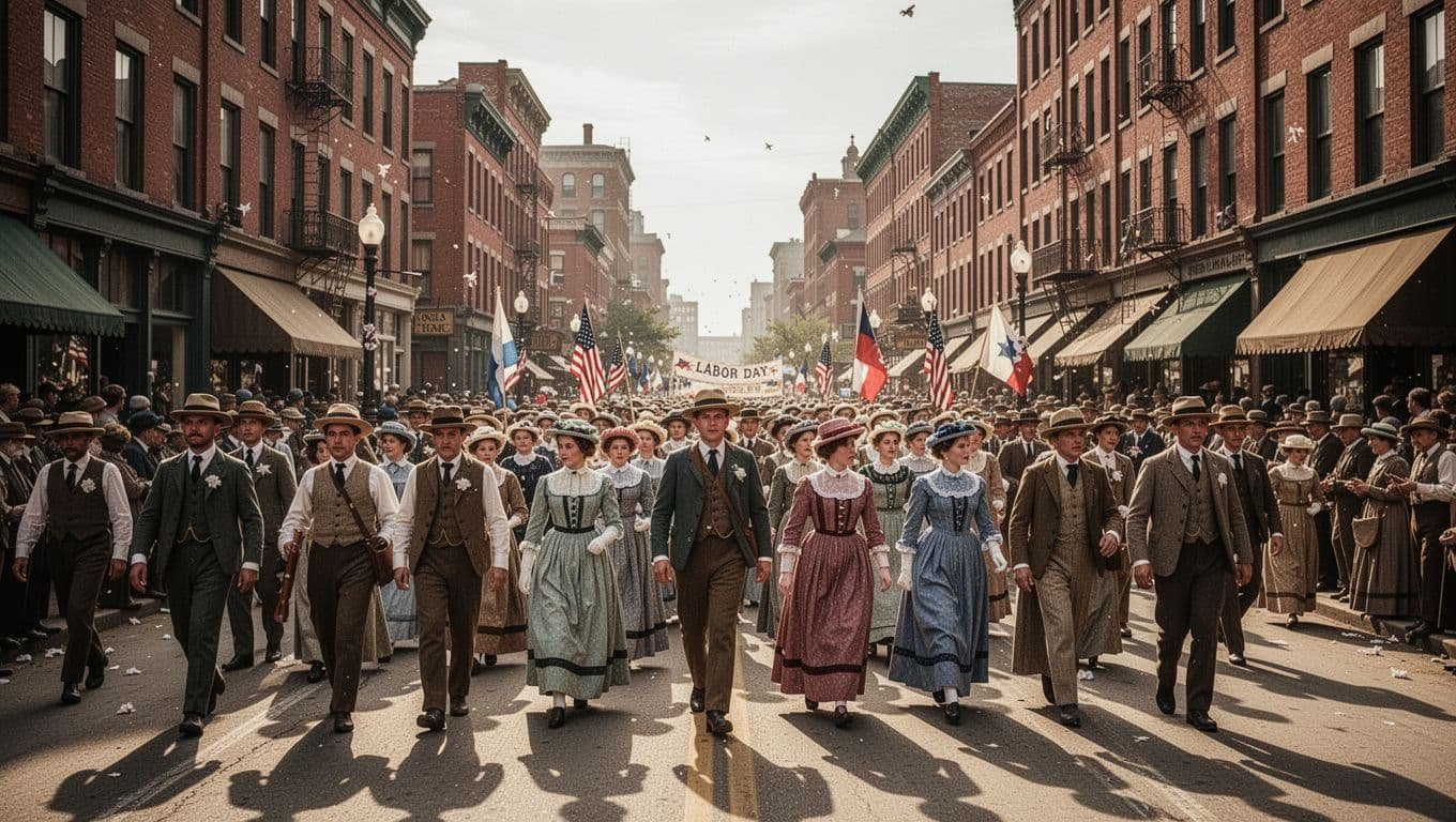 Marchers pass brick buildings as crowds watch a historic Labor Day parade.
