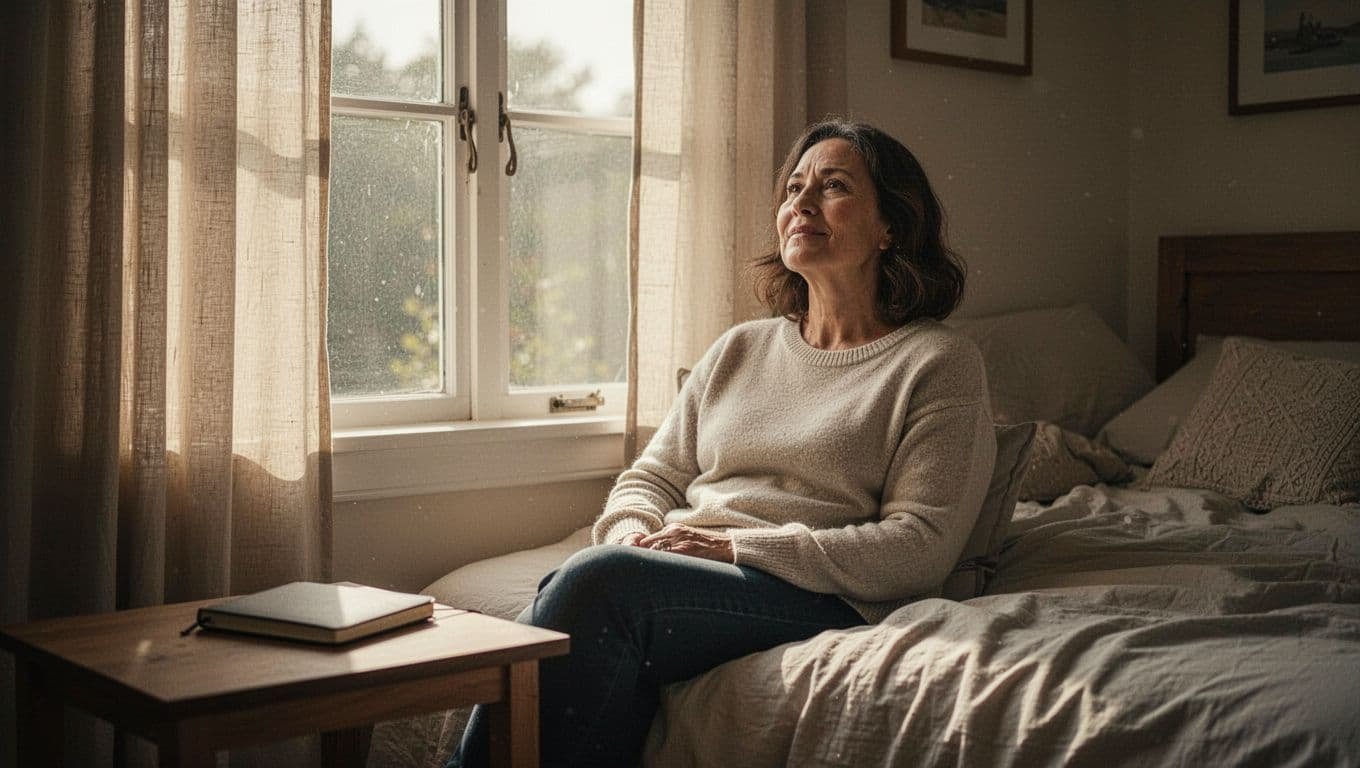 An adult sits by a bright bedroom window beside a closed journal.