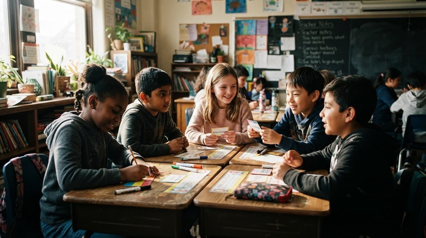 Diverse children participate in an activity at desks in a bright classroom.