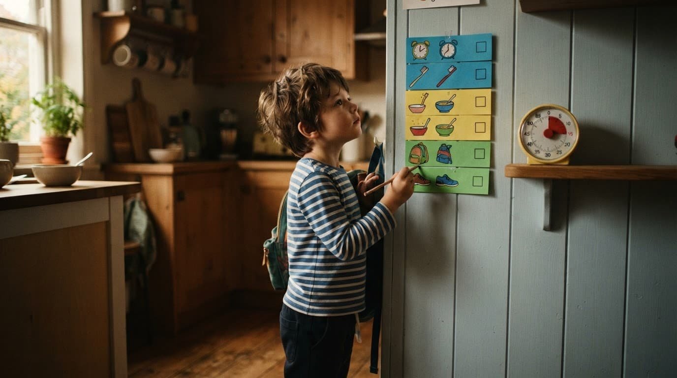 A student follows a colorful wall checklist beside a timer in a warm kitchen.