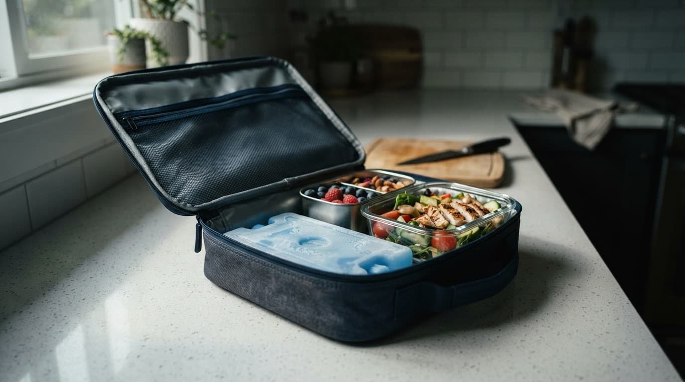 Open insulated lunch box with a cold pack and fresh food containers on a kitchen counter.