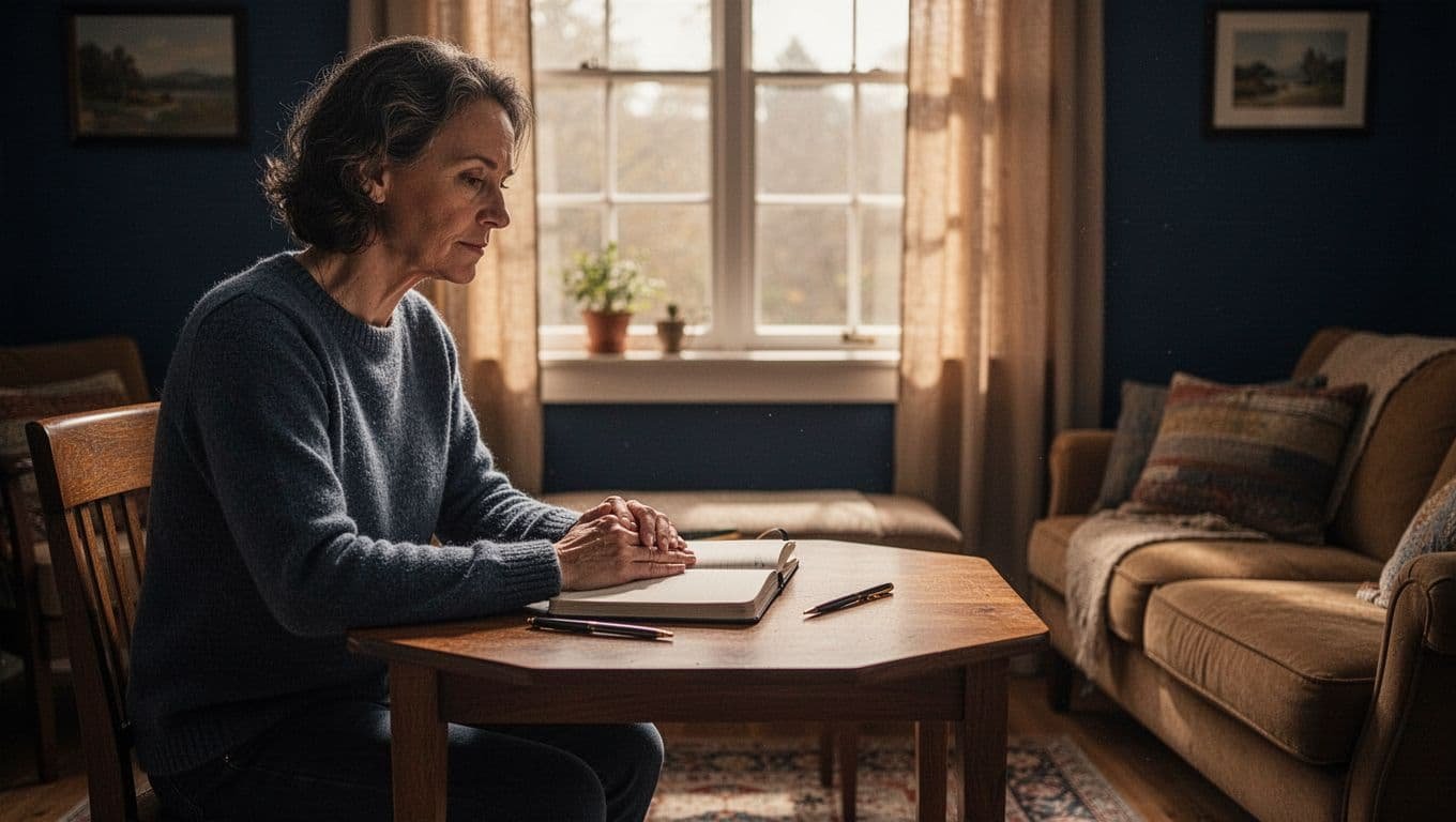 An adult reflects at a table with an open journal and pen.