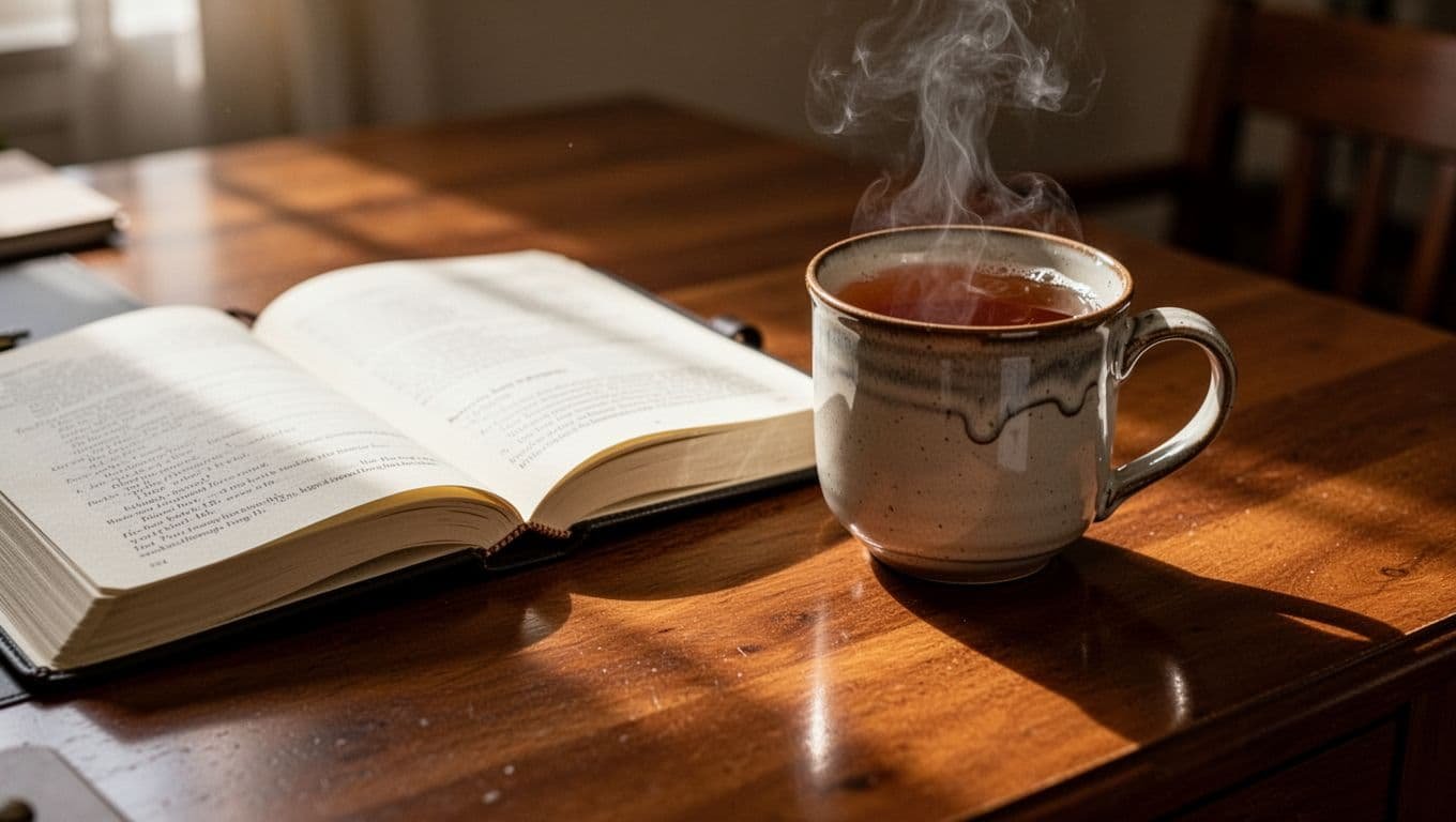 Open journal and warm tea on a wooden desk in soft morning light.