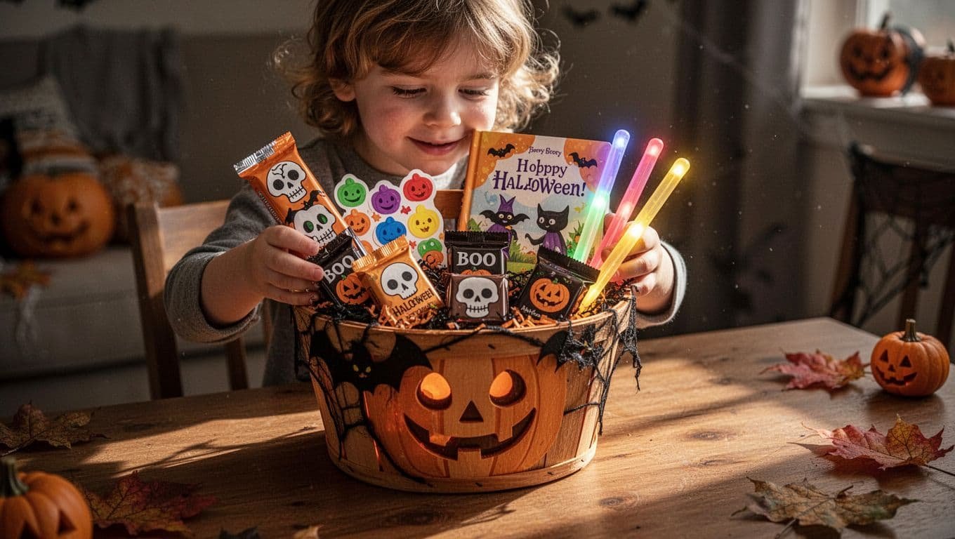 A Halloween basket holds candy, stickers, a storybook, and glowing sticks on a wooden table.