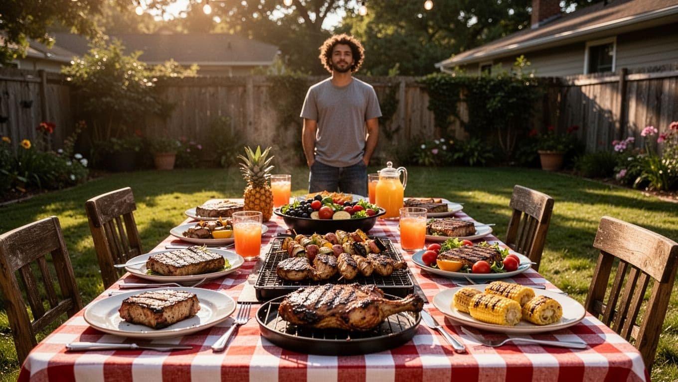 A backyard barbecue table with food and decorations and one person in the background.