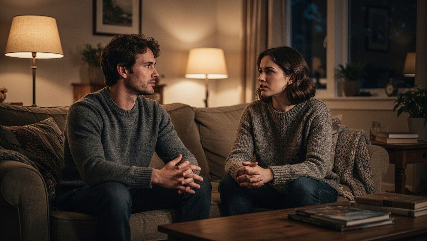 Two people talk in a cozy living room lit by a warm lamp at night.