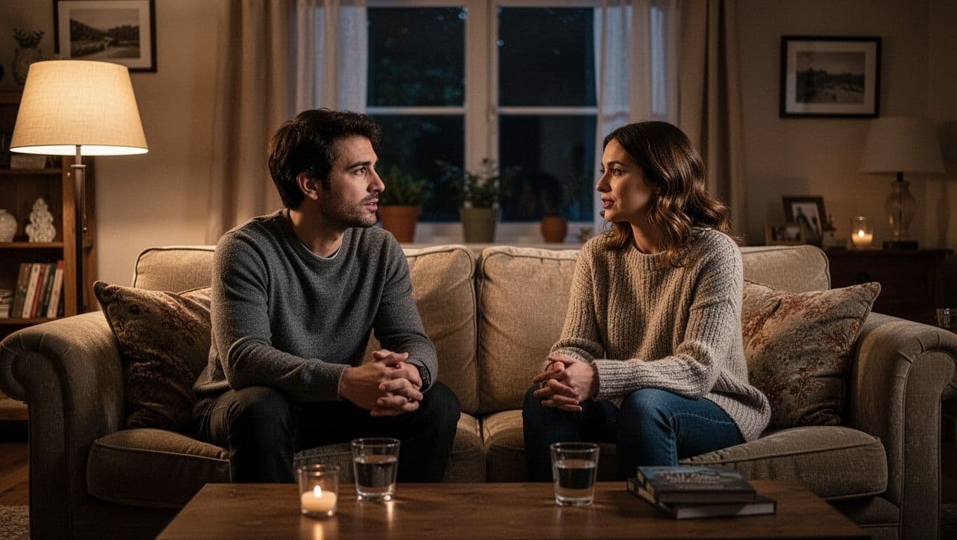 Two people share a thoughtful conversation on a sofa under a warm lamp.