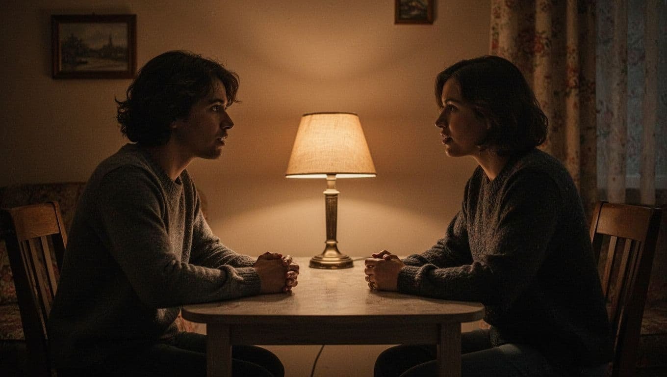 Two people share a quiet conversation across a warmly lit table.