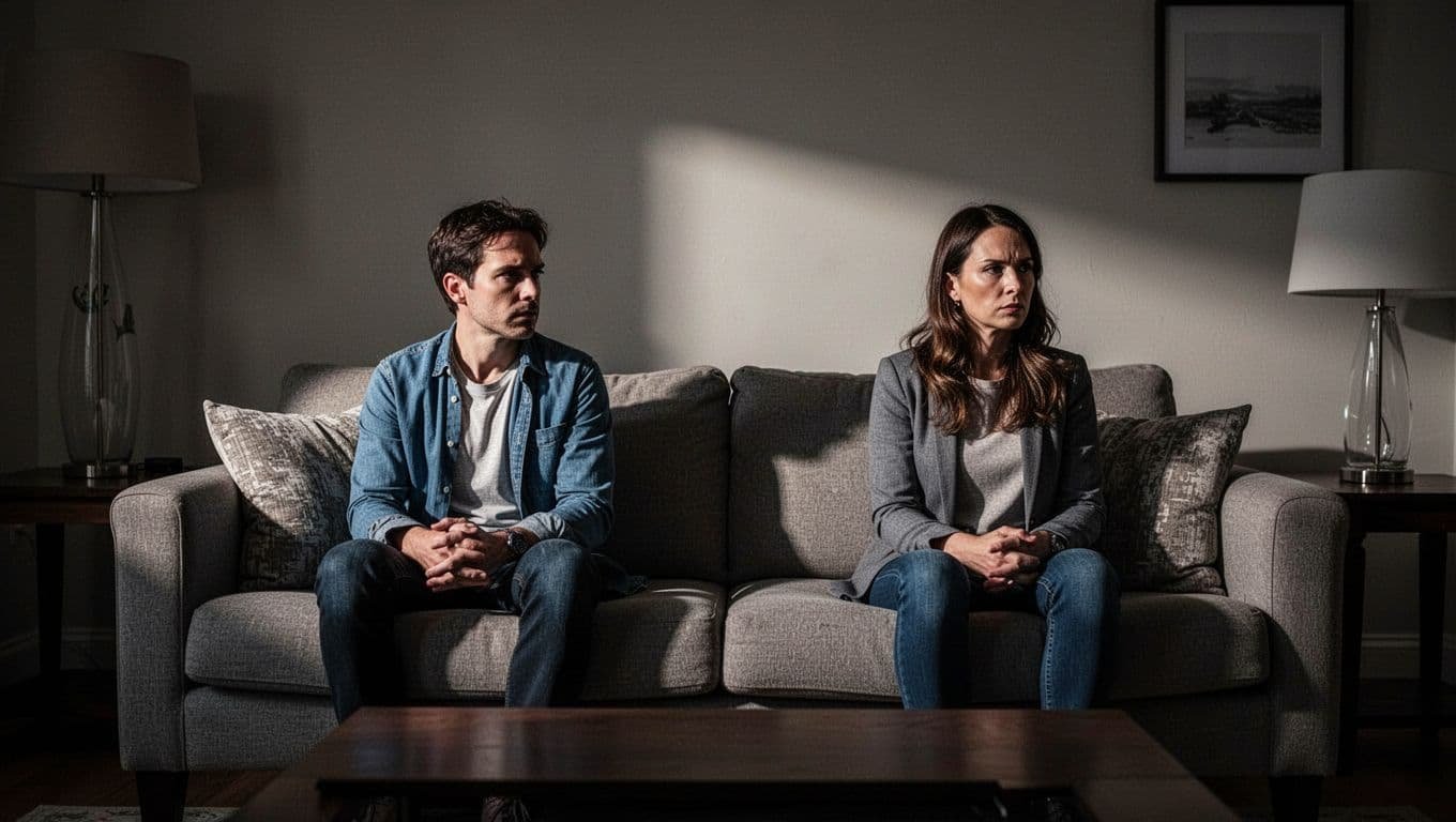 Two people sit apart on a sofa in a dimly lit living room.