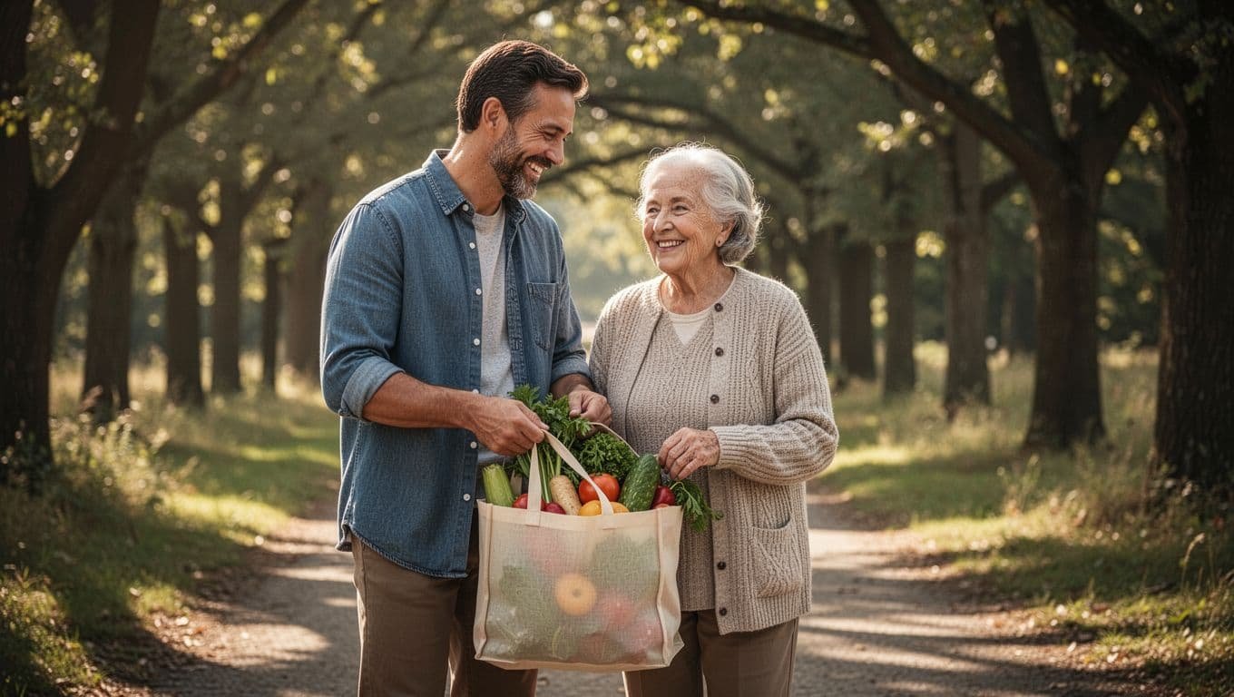 A smiling man helps an older adult carry grocery bags outdoors.