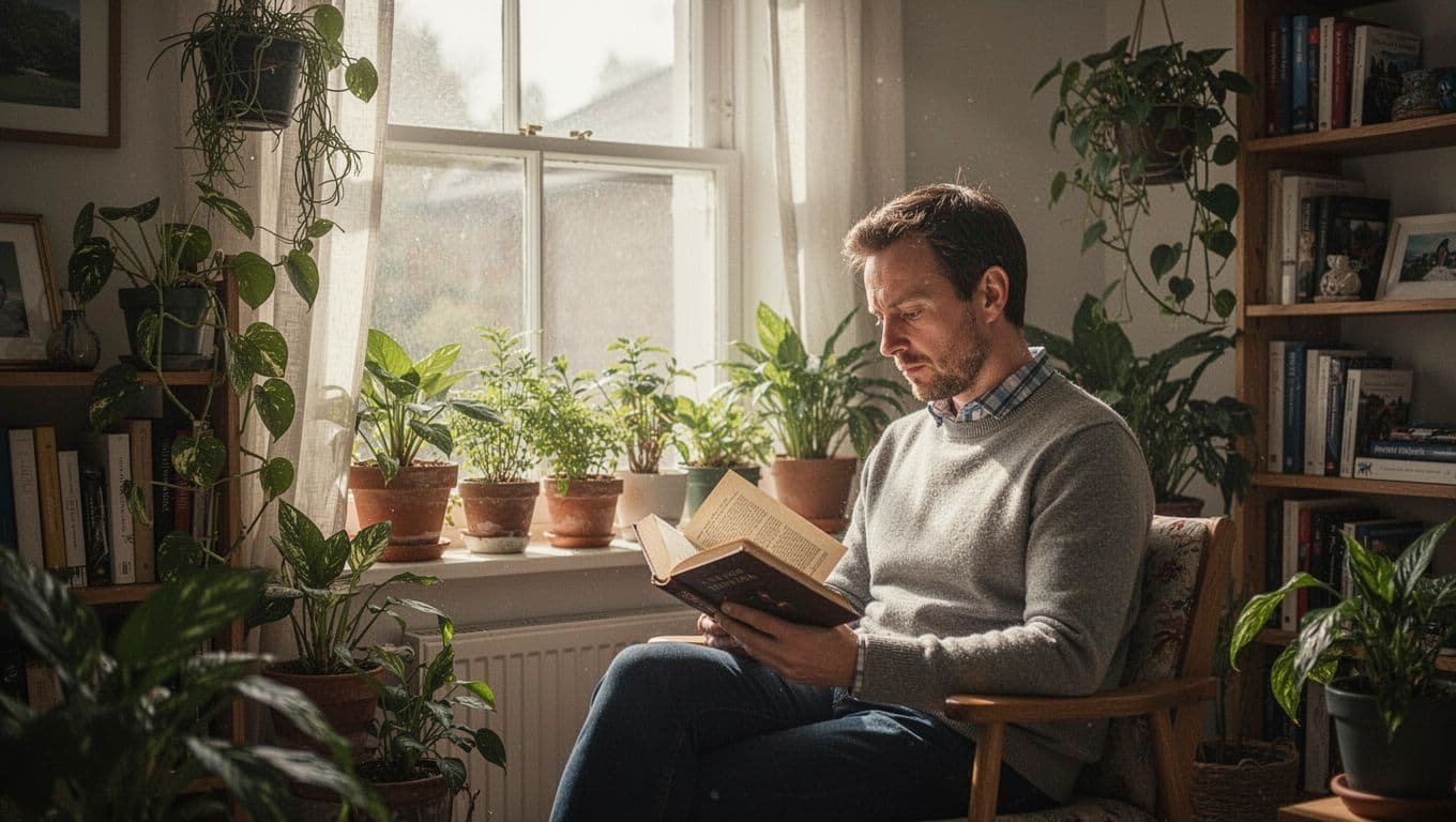A man reads a book beside a bright window in a plant-filled study.
