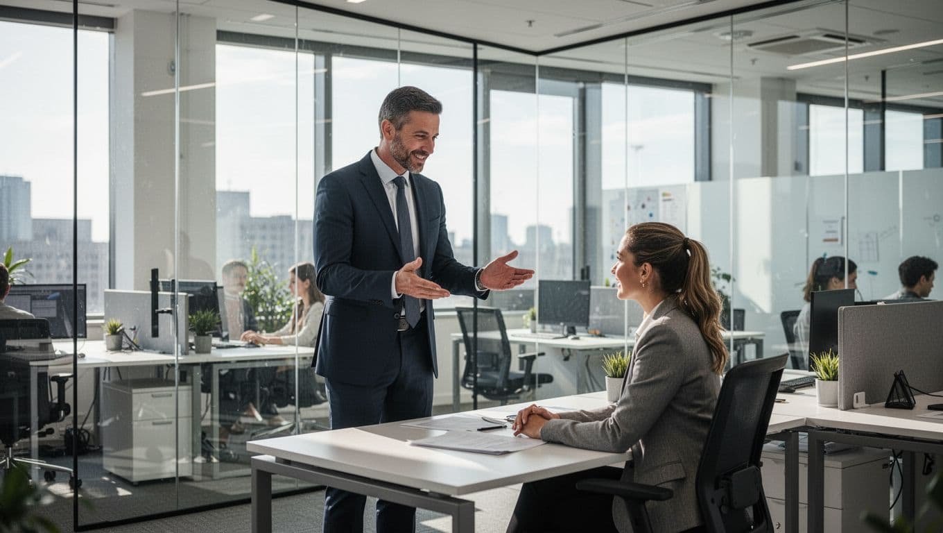 A manager thanks a seated team member in a bright modern office.